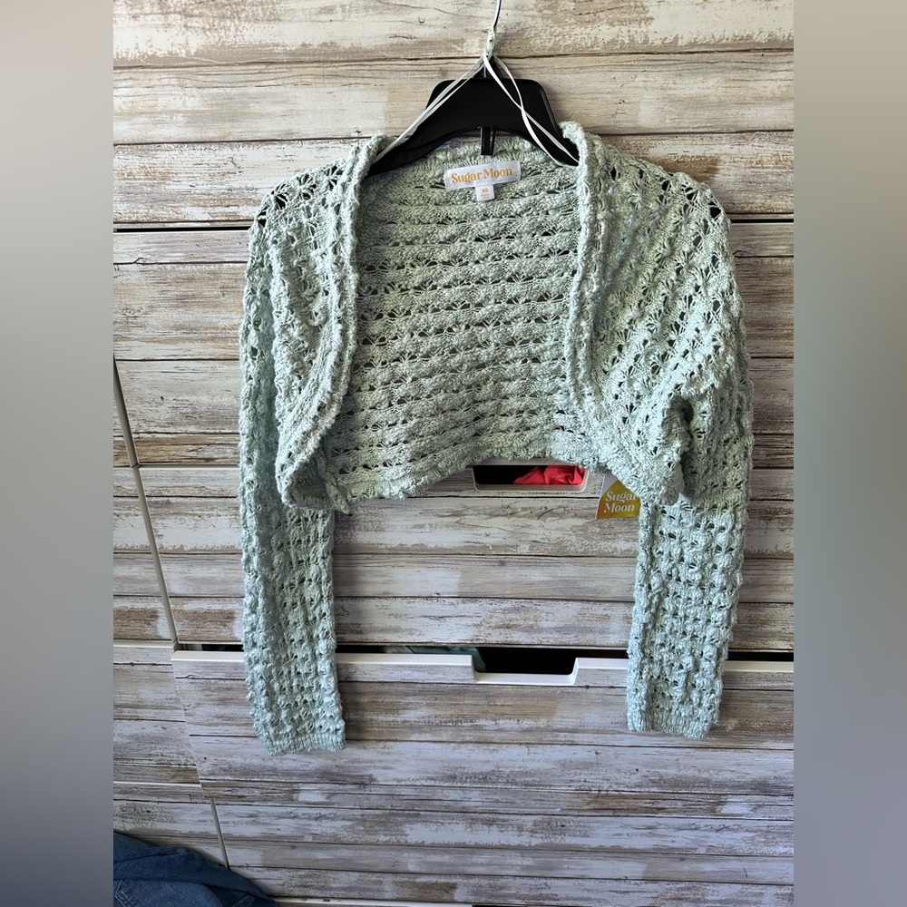 🧶 Sugar Moon Green Chunky Open Knit Shrug Sweater XS NWT